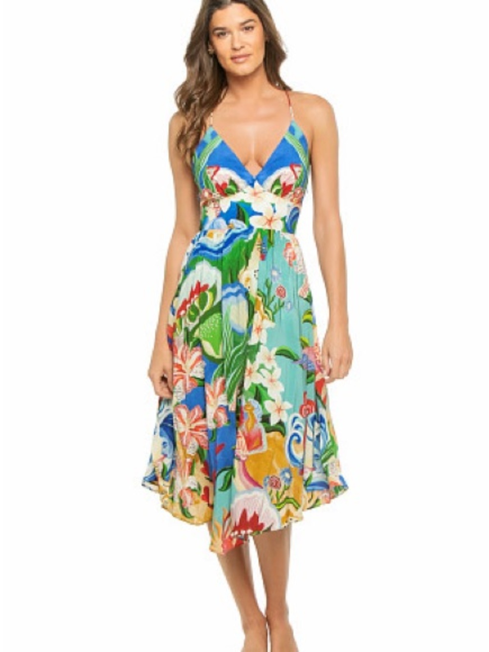EUC Farm Rio Sz S Floral V-Neck Spaghetti Strap Midi Dress - Blue Multi
